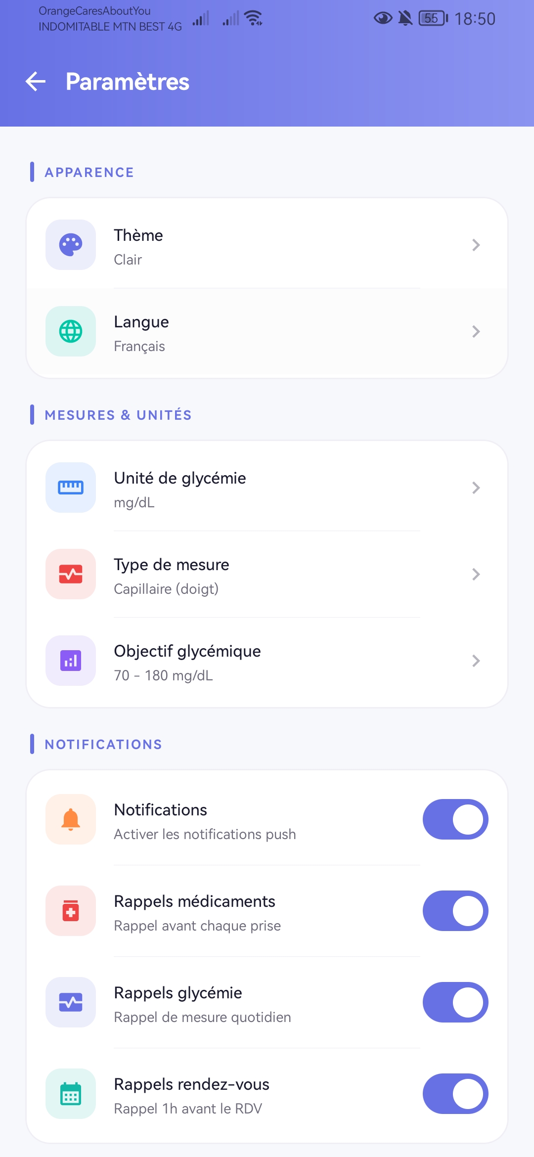 Parametres de l'application